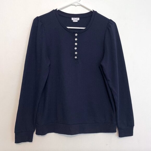 SPLENDID ANTHROPOLOGIE ANTHRO Waffle Mixed Puff Sleeve Top Navy Blue Henley Knit - Picture 2 of 14